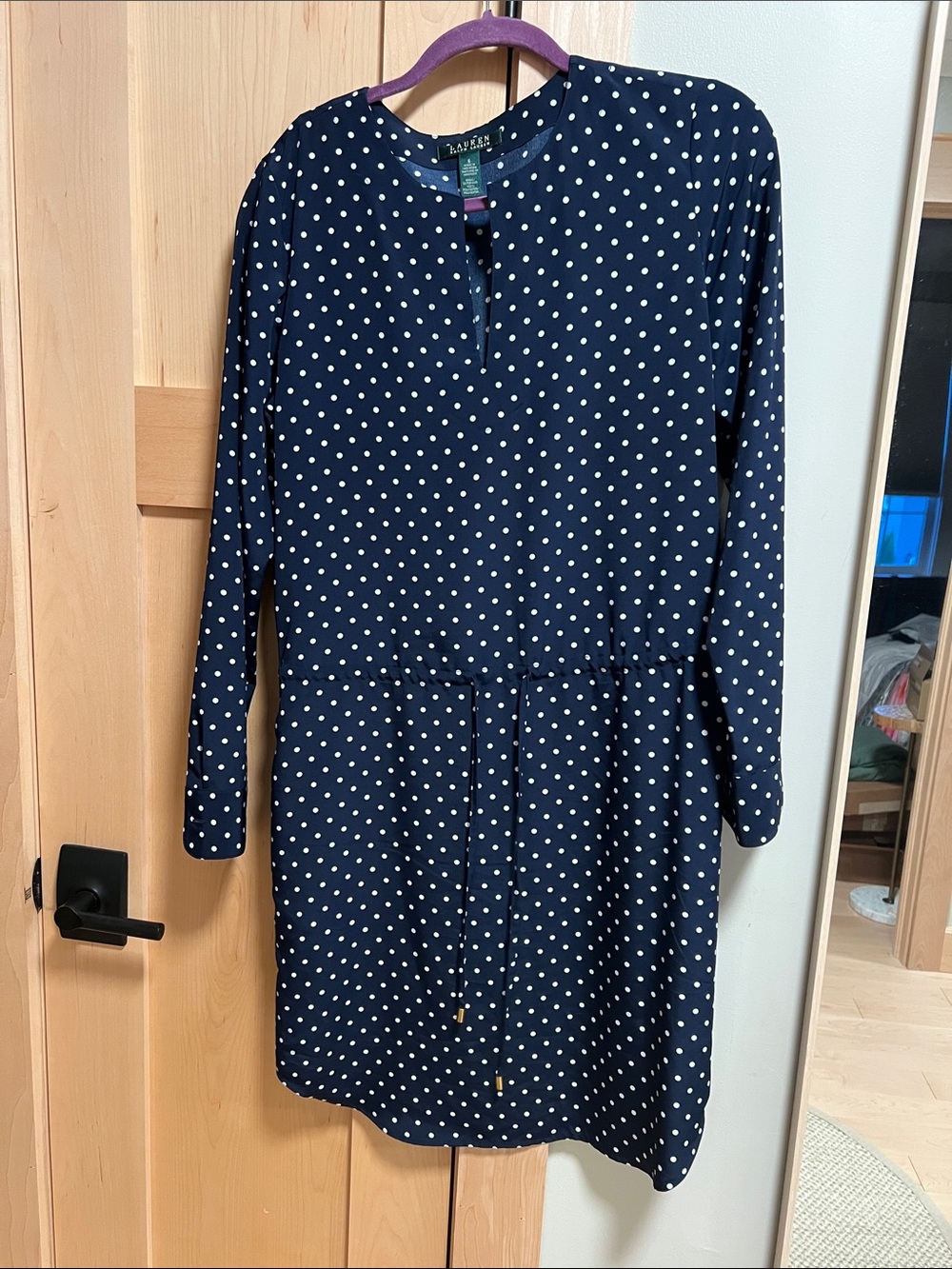 Ralph Lauren Navy and White Polka Dot Long Sleeve Drawstring Dress